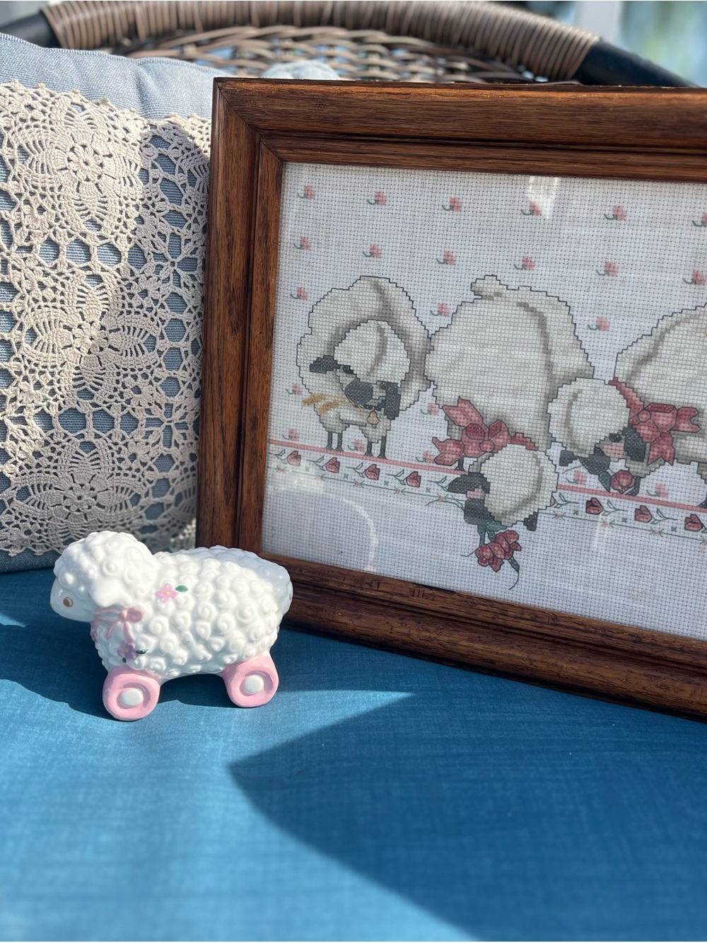 Framed Sheep Cross-Stitch Wall Art - White and Pink with ceramic sheep